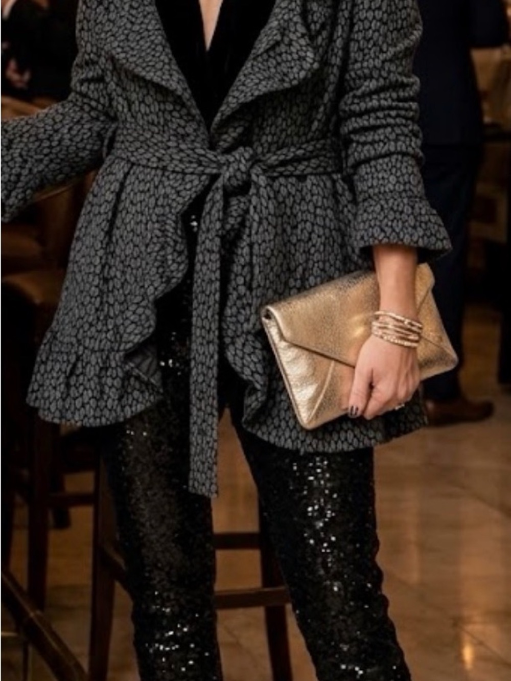 Sandro Gray Animal-Print Ruffle Trench Coat